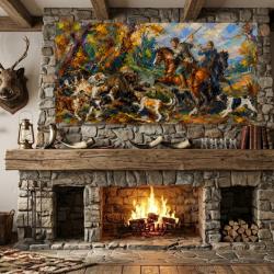 Peinture impressionniste / Sc&egrave;ne de chasse automnale inspiration XIXe / (120x60 cm)