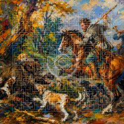Peinture impressionniste / Sc&egrave;ne de chasse automnale style XIXe / (120x60 cm)