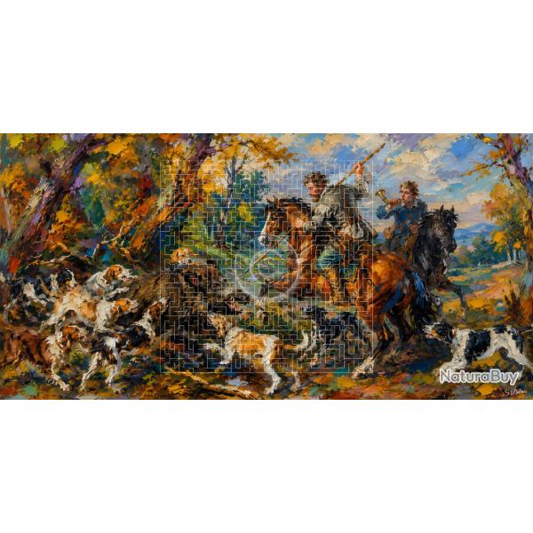 Peinture impressionniste / Sc�ne de chasse automnale style XIXe / (120x60 cm)