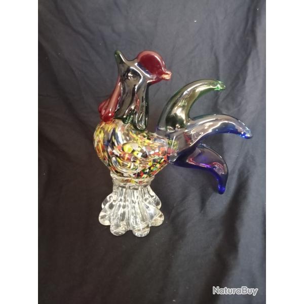 statuette coq en verre murano, 1960,  hauteur 21 cm x 19 cm, 1,38 kg