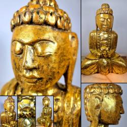 Superbe bouddha Mandalay en bois sculpt&eacute; et laqu&eacute; or, collection du Docteur Jean MOREAUX (succession