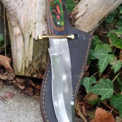 Couteau de Chasse Bowie Lame Drop Point Acier Carbone 1055 Manche Bois/Laiton Etui Fabr Artisanale