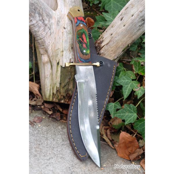 Couteau de Chasse Bowie Lame Drop Point Acier Carbone 1055 Manche Bois/Laiton Etui Fabr Artisanale