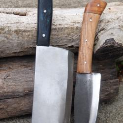 Lot de 2 Couteau : Couperet Style Japonais Kiritsuke Lame Acier Carbone 1055 Manche Bois Artisanale