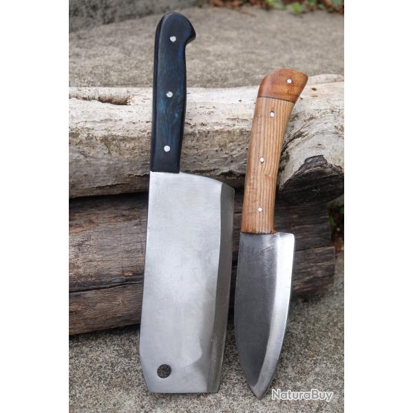 Lot de 2 Couteau : Couperet Style Japonais Kiritsuke Lame Acier Carbone 1055 Manche Bois Artisanale