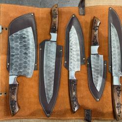 Set de 5 Couteaux de Chef Artisanal Damas 128 couches Couteaux de Cuisine avec &Eacute;tui en Cuir ENCHERE