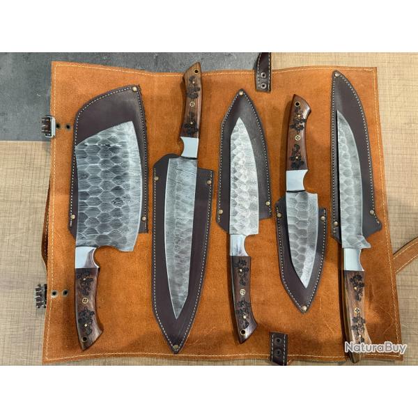 Set de 5 Couteaux de Chef Artisanal Damas 128 couches Couteaux de Cuisine avec �tui en Cuir ENCHERE