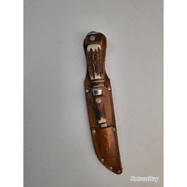 Ancien Set de 2 Couteaux de Chasse Gigognes SOLINGEN - Manches Corne de Cerf - Vintage