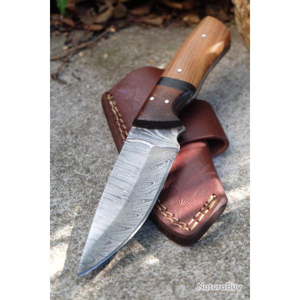 Couteau Skinner Lame Acier Damas 256 Couches Manche 2 Bois Etui Cuir Port Horizon F Artisanale