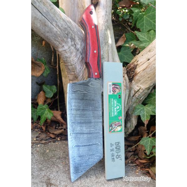 Couperet de Cuisine Style Japonais Kiritsuke Damas Lame 256 Couches Manche Bois F Artisan + Pierre