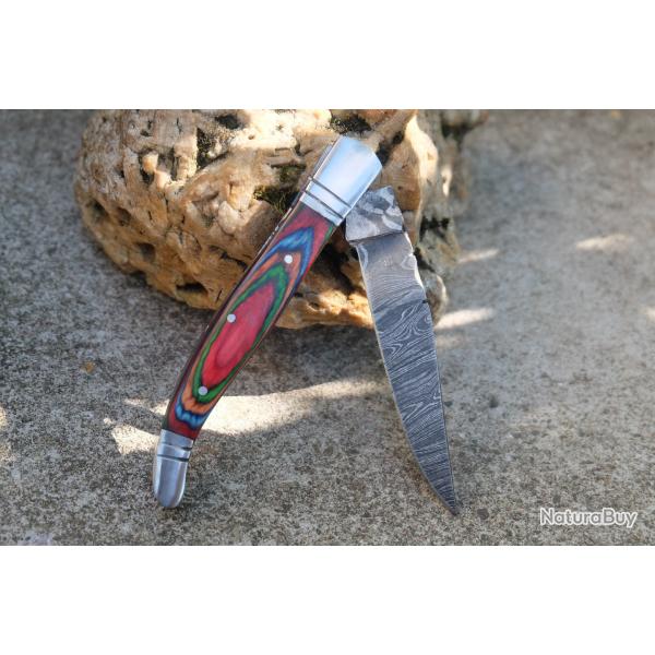 Couteau Damas Lame 128 Couches Fa�on L'Aveyronnais Manche Bois Arlequin Fabrication Artisanale