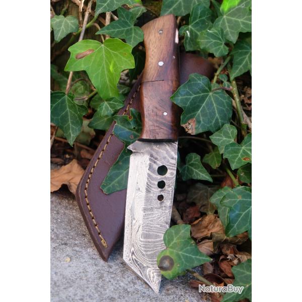 Couteau Tactical Urbain Tanto Damas Lame Acier 256 Couches Manche 2 Bois Etui Cuir Fabric Artisanale