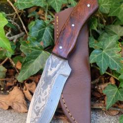Skinner Couteau Damas Lame 256 Couches Lame Drop Point Manche Bois Fabr Artisanale Etui Cuir
