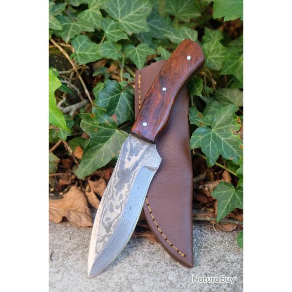 Skinner Couteau Damas Lame 256 Couches Lame Drop Point Manche Bois Fabr Artisanale Etui Cuir
