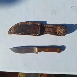 Ancien couteau de chasse / de poche vintage avec &eacute;tui cuir - Style Thiers / Sabatier