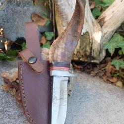 Couteau De Chasse Skinner Lame Acier Carbone 1055 Manche Corne Antilope Etui Cuir Fab Artisanale 01