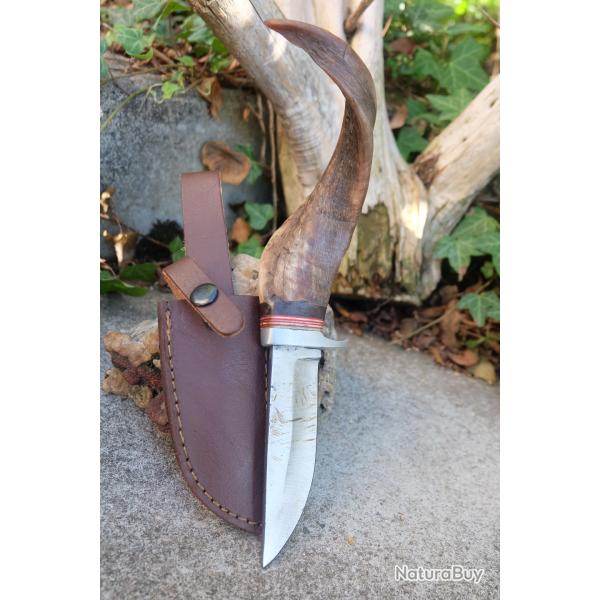 Couteau De Chasse Skinner Lame Acier Carbone 1055 Manche Corne Antilope Etui Cuir Fab Artisanale 01