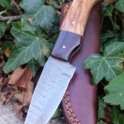 Couteau Skinner Lame Acier Damas 256 Couches Manche 2 Bois Rosewood Etui Cuir F Artisanale