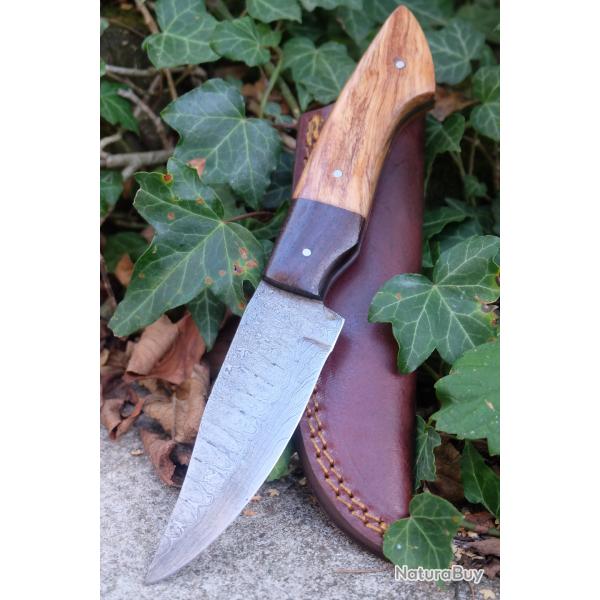 Couteau Skinner Lame Acier Damas 256 Couches Manche 2 Bois Rosewood Etui Cuir F Artisanale