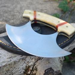 Couteau d'Esquimau Inuit Ulu Lame Acier Inox Manche Os Etui Nylon Fabr Artisanale