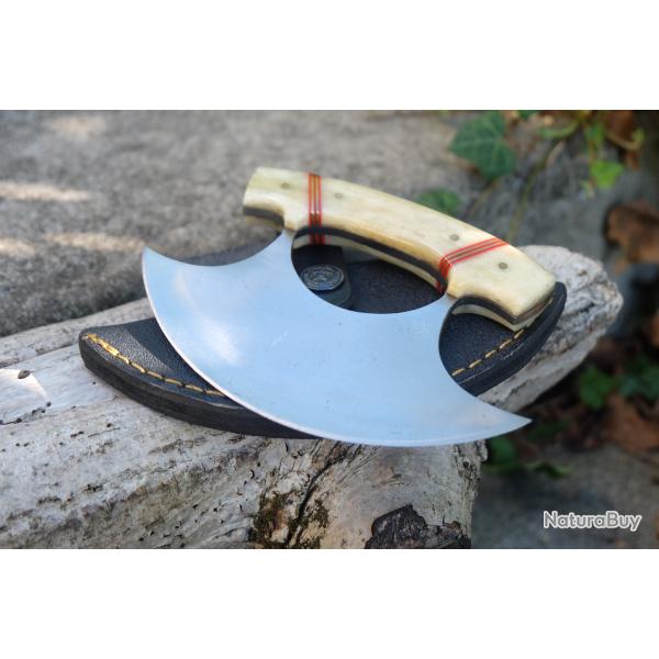 Couteau d'Esquimau Inuit Ulu Lame Acier Inox Manche Os Etui Nylon Fabr Artisanale