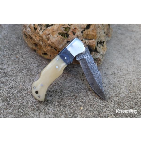 Couteau Lame Damas 128 Couches Manche Os/Bois Fa�on Buck 112 Lockback Fabr Artisanale 01