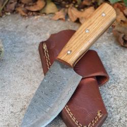 Couteau Skinner Lame Acier Damas 256 Couches Manche Bois Olivier Etui Cuir Port Horizon F Artisanale