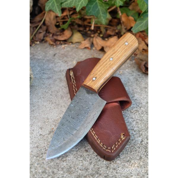 Couteau Skinner Lame Acier Damas 256 Couches Manche Bois Olivier Etui Cuir Port Horizon F Artisanale