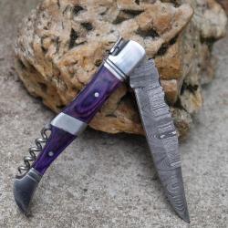 Couteau Damas Lame 128 Couches Fa&ccedil;on Laguiole Manche Purple/Acier Tire Bouchons F Artisanale