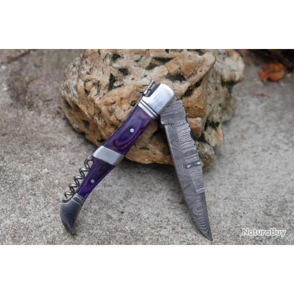 Couteau Damas Lame 128 Couches Fa�on Laguiole Manche Purple/Acier Tire Bouchons F Artisanale