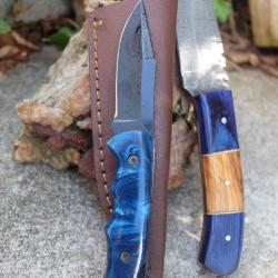 Lot de 2 Couteau 1 Fa&ccedil;on Buck 112 Acier Inox + 1 Skinner 256 Couches Etui Cuir Fabr Artisanale