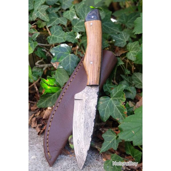 Skinner Couteau Damas Lame 256 Couches Lame Drop Point Manche Bois Olivier Fabr Artisanale Etui Cuir