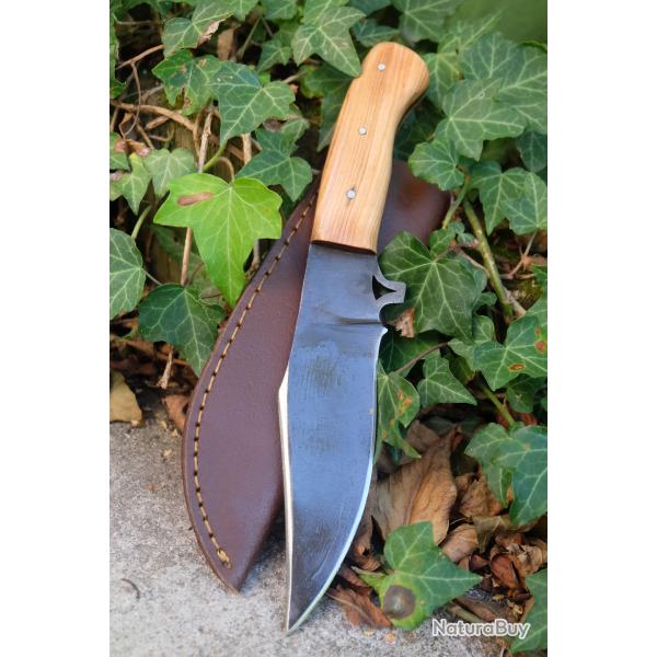 Couteau Poignard Bushcraft Chasse Lame Acier Carbone 1075 Manche Bois Etui Cuir Fabr Artisanale