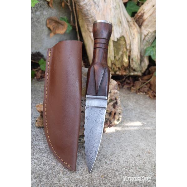 Couteau Dague Scottish Dirk Lame Acier Damas 256 Couches Manche Bois Etui Cuir Fabric Artisanale