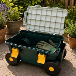 Tabouret de jardin &agrave; roulettes avec rangement int&eacute;gr&eacute; - Chariot pratique pour ext&eacute;rieur
