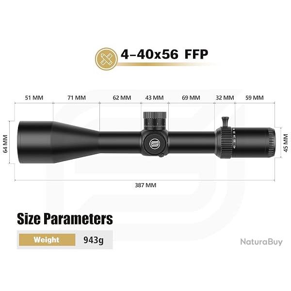 S Lunette de tir SPINA OPTICS VoidRax 4-40�56 FFP- 34mm Tube, IPX7, MOA Reticle, Black Matte