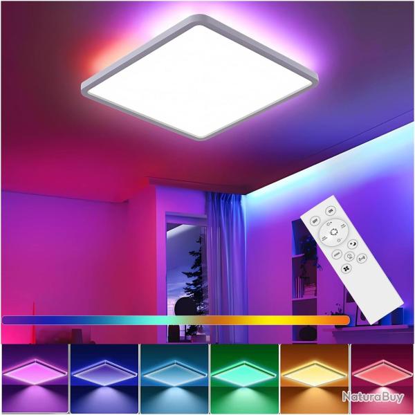 Plafonnier LED, intensit� variable avec t�l�commande, 24 W, RGB, 4 000 K, design carr� moderne pour