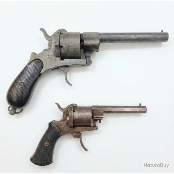 Lot de 2 revolvers � broche � 11 mm Lefaucheux & 7 mm de poche grav� �1 euros SANS PRIX DE RESERVE
