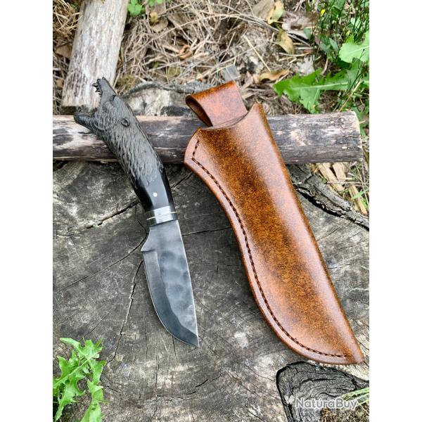 couteau d'artisan d'exception / le loup noir , lame brute de forge en acier carbone 1075