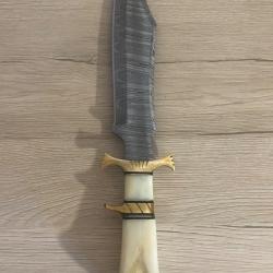 Couteau Bowie Bone Collector Lame Acier Damas Manche Os &Eacute;tui Cuir DM1418 - Livraison Gratuite