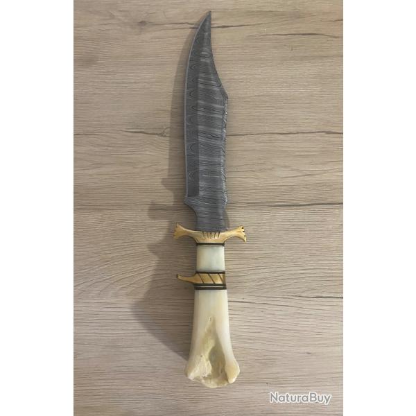 Couteau Bowie Bone Collector Lame Acier Damas Manche Os �tui Cuir DM1418 - Livraison Gratuite