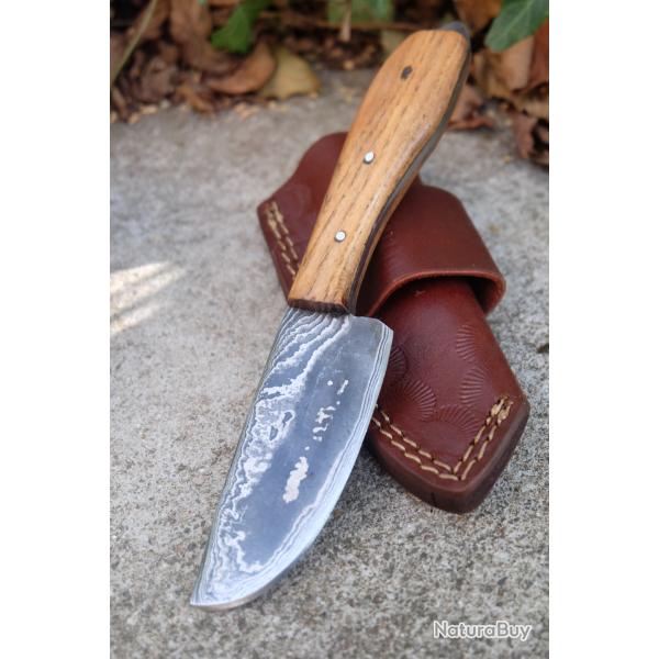 Couteau Skinner Lame Lamin�e 3 Couches Acier Carbone 1075 Manche Bois Olivier Etui Cuir F Artisanale