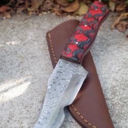 Skinner Couteau de Chasse Damas Lame 256 Couches Manche Bois Red/Black 3D Fabr Artisanat Etui Cuir