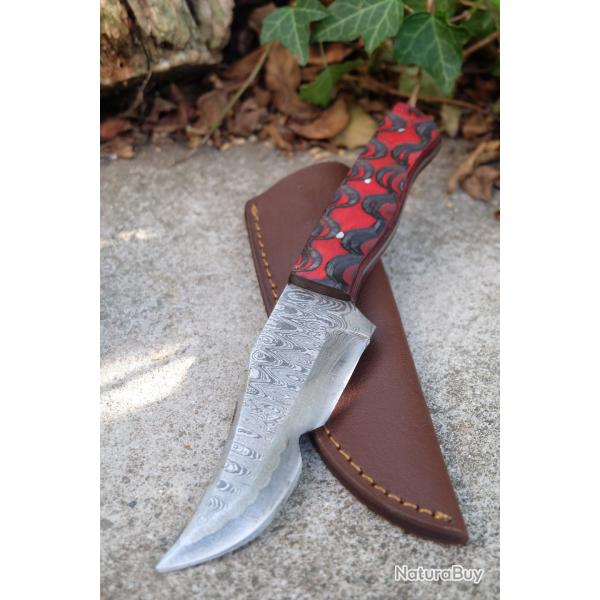 Skinner Couteau de Chasse Damas Lame 256 Couches Manche Bois Red/Black 3D Fabr Artisanat Etui Cuir