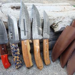 Lot de 5 Skinner Poignard Couteau Damas Lame 256 Couches Manche Bois Fabric Artisanale Etui Cuir 01