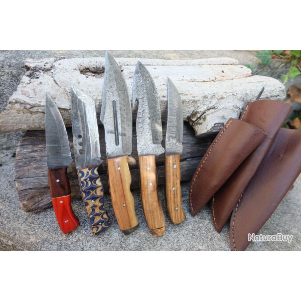 Lot de 5 Skinner Poignard Couteau Damas Lame 256 Couches Manche Bois Fabric Artisanale Etui Cuir 01
