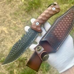 couteau lame fixe massif acier damas noir full rang manche bois avec &eacute;tui chasse collection #334