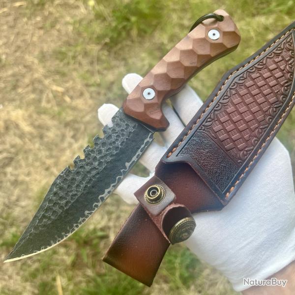couteau lame fixe massif acier damas noir full rang manche bois avec �tui chasse collection #334
