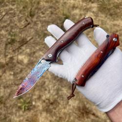 magnifique couteau pliant acier damas bleu collection camping de poche bois de rose #336