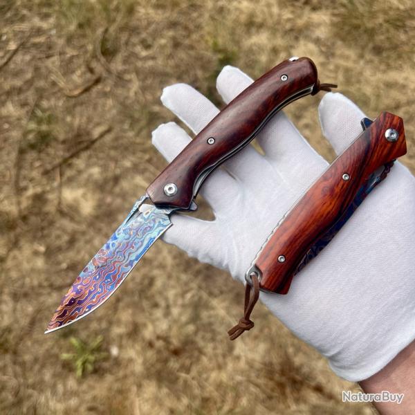 magnifique couteau pliant acier damas bleu collection camping de poche bois de rose #336